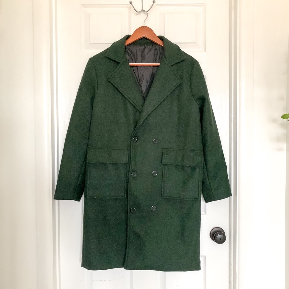 Green double breasted coat, mid shin length